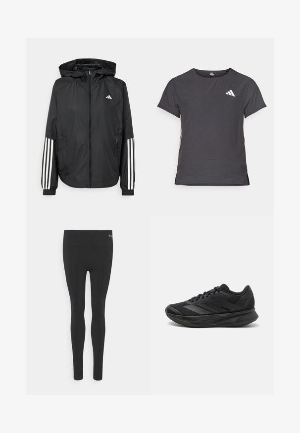 Giacca leggera nera con cappuccio, caratterizzata da una zip frontale completa, polsini elastici e accenti bianchi a tre strisce sulle maniche.; T-shirt atletico a maniche corte, grigio scuro con texture perforata. Presenta un logo bianco e strisce laterali a contrasto. Girocollo.; Leggings neri con una fascia larga in vita, realizzati in un tessuto liscio e stretch. Design aderente, senza decorazioni o motivi.; Scarpa da corsa nera con tomaia in rete traspirante, punta rotonda, design elegante, dettagli testurizzati e suola ammortizzata per il comfort.