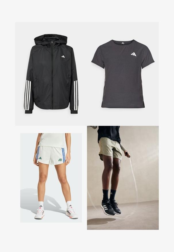 Veste légère noire avec capuche, dotée d'une fermeture à glissière intégrale, de poignets élastiques et d'accents blancs à trois rayures sur les manches.; T-shirt de sport à manches courtes, gris foncé avec une texture perforée. Présente un logo blanc et des rayures latérales contrastantes. Encolure arrondie.; Shorts de sport blancs avec des rayures bleues et un logo vert. Associés à des baskets blanches et noires et des chaussettes blanches. Design simple.; Baskets de sport noires avec des rayures blanches, short vert olive et chaussettes bleu marine. Une corde à sauter est dans les mains de l'individu. Arrière-plan neutre.