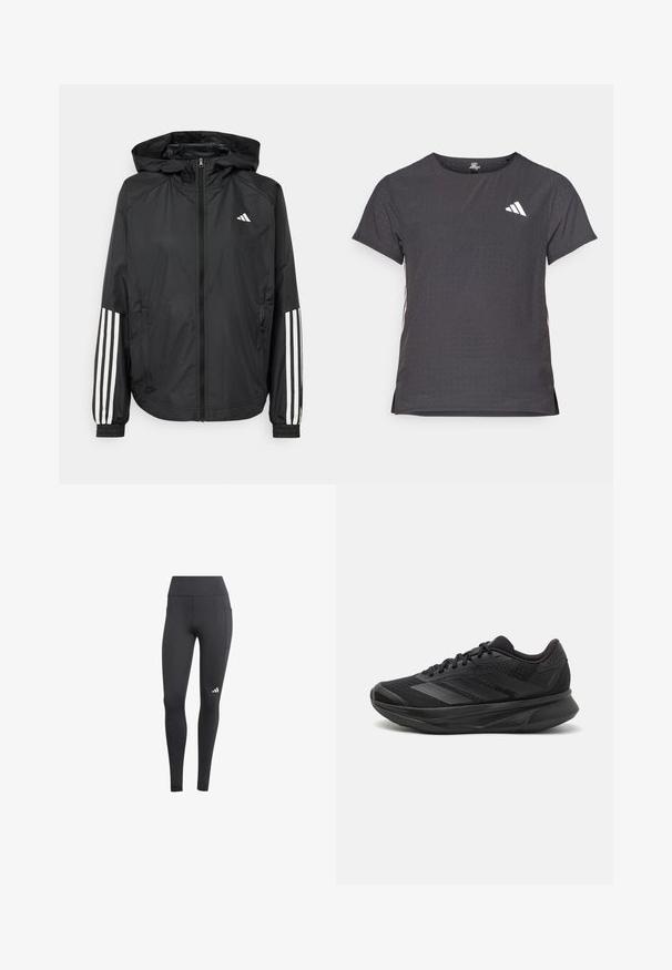 Black lightweight jacket with a hood, featuring a full zip front, elastic cuffs, and white three-stripe accents on sleeves.; Short-sleeve athletic t-shirt, dark gray with perforated texture. Features a white logo and contrasting side stripes. Rounded neckline.; Black athletic leggings with a high waistband, featuring a side pocket and a white logo on the lower left leg. Material appears breathable.; Black running shoe with a breathable mesh upper, rounded toe, sleek design, textured accents, and a cushioned sole for comfort.