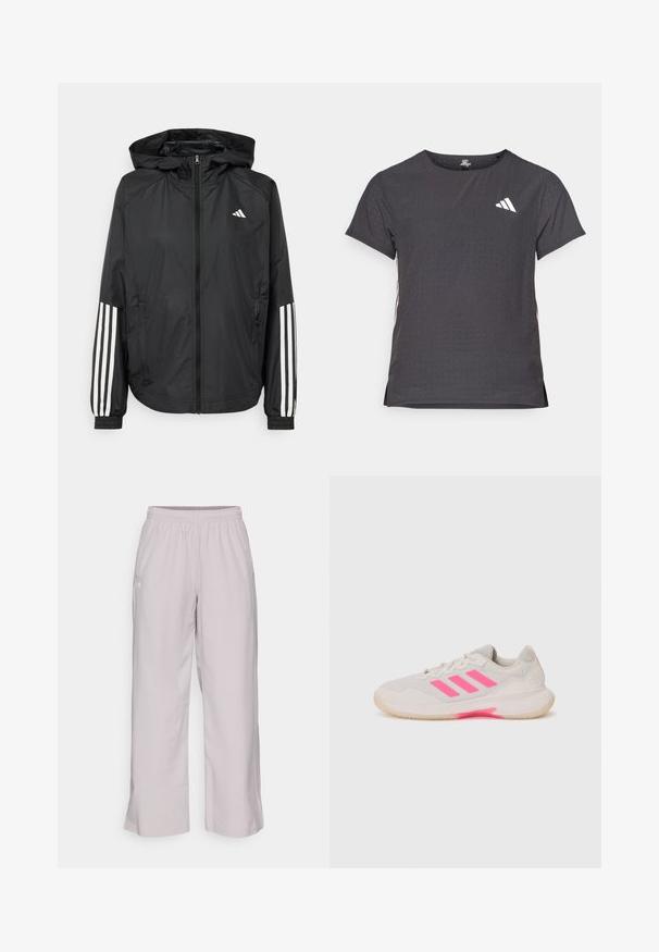 Mustikas kerge jope kapuutsiga, eesmise täispika zipiga, elastsete varrukate ja valgete kolme triibu aktsentidega varrukatel.; Lühikese varrukaga sportlik T-särk, tumehall, perforatsiooni tekstuuriga. Omab valget logo ja kontrastset külgtriipu. Ümar kaelus.; Heledhallid, laiade jalgadega püksid elastse vöökohtaga, kahe küljetaskuga ja siledast kangast tekstuuriga. Minimalistlik brändi aktsent küljes.; Heled hallid spordijalatsid roosa aktsendiga ja kolme triibuga. Omab võrksüstemat, pehmendatud keelt ja kummist talla, millel on haardeomadused.