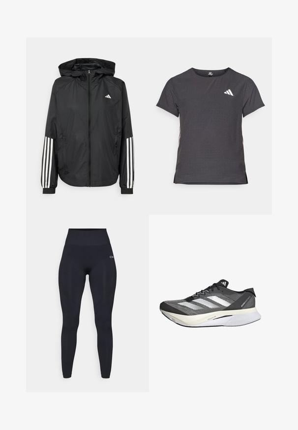 Melnā vieglā jaka ar kapuci, ar pilnu rāvējslēdzēju priekšā, elastīgām aprocēm un baltām trīs svītru akcentiem uz piedurknēm.; Īsām piedurkņu sporta T-krekls, tumši pelēks ar perforētu tekstūru. Iespējots ar baltu logotipu un kontrastējošām sānu svītrām. Apaļa kakla izgriezums.; Augsti vidēji melnie legingi ar gludu, elastīgu audumu. Iekļauj logotipu augšējā kājā un strukturētus akcentus sānos.; Melnbaltā sporta apava ar sietu augšdaļu, kas piedāvā trīs baltas svītras, izteiksmīgu zoli ar uzrakstu "LIGHTSTRIKE PRO" un plānu dizainu.