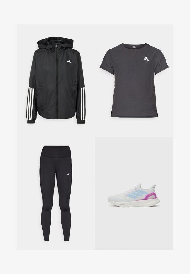 Black lightweight jacket with a hood, featuring a full zip front, elastic cuffs, and white three-stripe accents on sleeves.; Short-sleeve athletic t-shirt, dark gray with perforated texture. Features a white logo and contrasting side stripes. Rounded neckline.; Black leggings with a high waistband, made from smooth, stretchy material. Features a subtle logo on the thigh and side pockets.; adidas Performance PUREBOOST 5 - Road running shoes - white/glow blue/purple burst