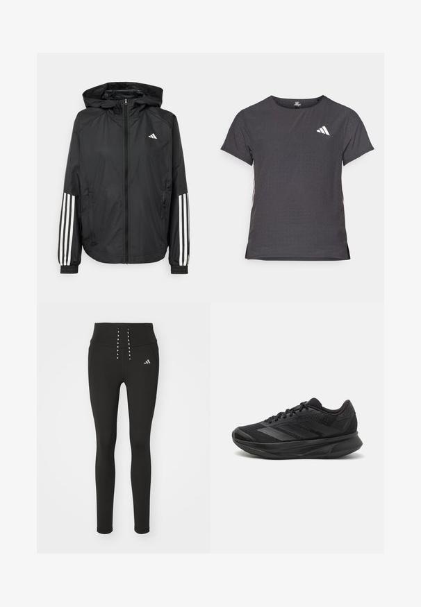 Crna lagana jakna s kapuljačom, s punim zdravo zatvaranjem, elastičnim manžetama i bijelim trostrukim trakama na rukavima.; Majica kratkih rukava za sport, tamno siva s perforiranim uzorkom. Ima bijeli logo i kontrastne bočne pruge. Zaobljeni izrez.; Crne atletske tajice s visokim strukom, s modernim detaljem vezanja i suptilnim logotipom sa strane. Glatka, rastezljiva tkanina.; Crne trkaće tenisice s prozračnom mrežastom gornjom konstrukcijom, zaobljenim prstima, elegantnim dizajnom, teksturiranim detaljima i mekanim potplatom za udobnost.