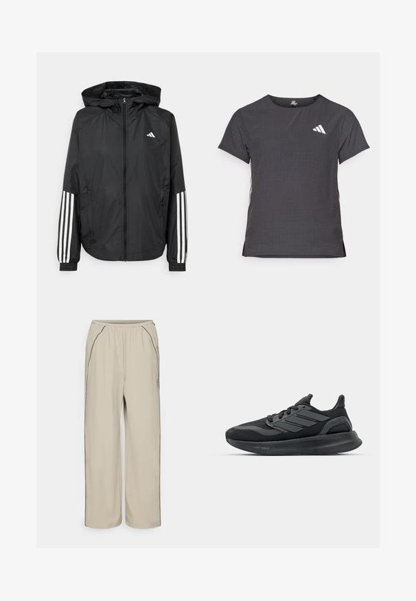 Μαύρο ελαφρύ μπουφάν με κουκούλα, με πλήρη φερμουάρ μπροστά, ελαστικούς καρπούς και λευκές τριπλές ρίγες στα μανίκια.; Αθλητικό μπλουζάκι κοντό μανίκι, σκούρο γκρί με διάτρητη υφή. Διαθέτει λευκό λογότυπο και αντίθετες ρίγες στο πλάι. Στρογγυλή λαιμόκοψη.; Μπεζ, ελαφριά παντελόνια με ελαστική μέση, πλευρικές τσέπες και αντίθετες μαύρες ραφές. Σχεδίαση ίσιας γραμμής, μαλακή υφή.; Μαύρα αθλητικά παπούτσια με επάνω μέρος από πλέγμα, υφασμάτινες επιφάνειες, λεπτομέρεια με τρεις ρίγες και καμπυλωτή σόλα με την ένδειξη "LIGHT BOOST".