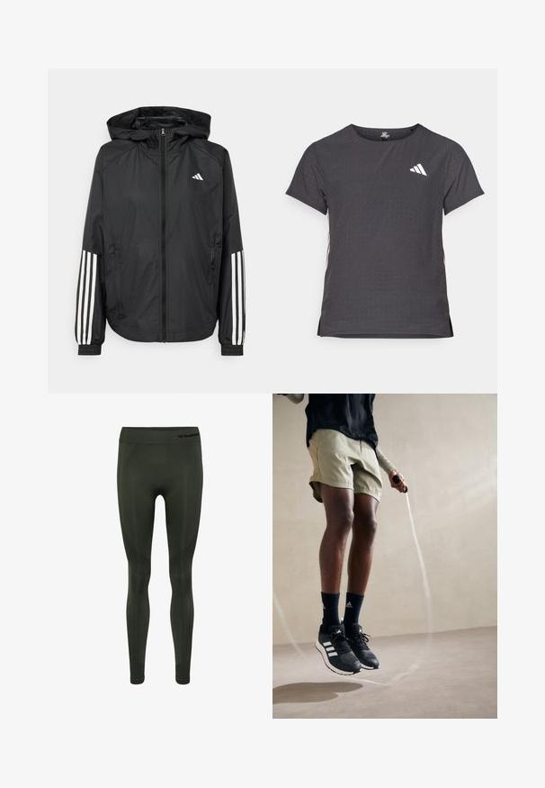 Zwarte lichtgewicht jas met een capuchon, met een volledige ritssluiting aan de voorkant, elastische manchetten en witte accenten met drie strepen op de mouwen.; Korte mouwen sport t-shirt, donkergrijs met geperforeerde textuur. Bevat een wit logo en contrasterende zijstrepen. Ronde halslijn.; Donkergroene legging gemaakt van rekbare stof, met een geribbelde tailleband en subtiele textuurpatronen langs de zijkanten.; Zwarte sportieve schoenen met witte strepen, olijfgroene korte broek en marineblauwe sokken. Een springtouw is in de handen van de persoon. Neutrale achtergrond.