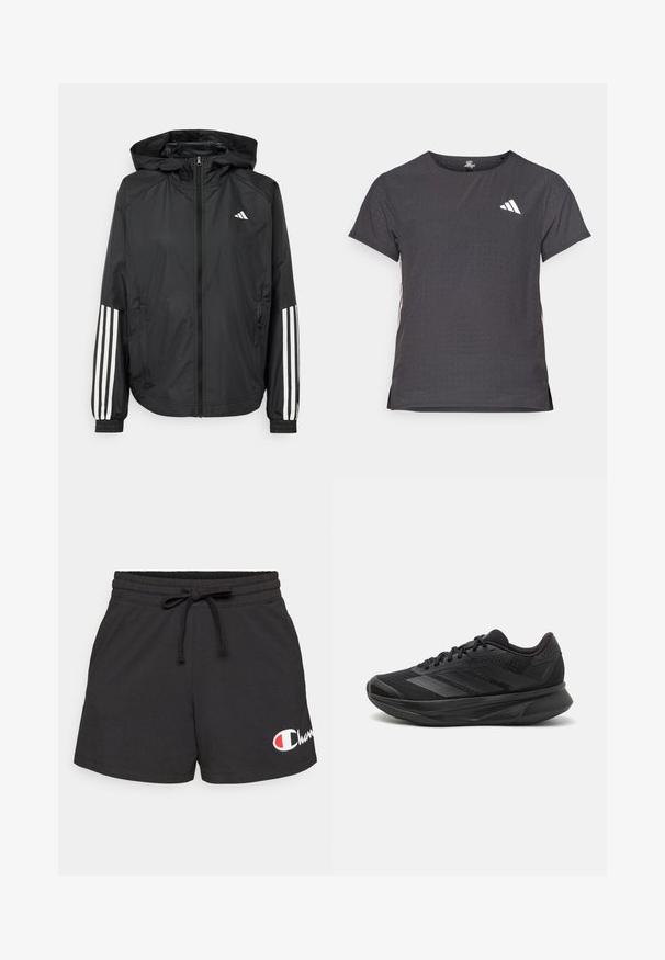 Schwarze, leichte Jacke mit Kapuze, die einen durchgehenden Reißverschluss, elastische Bündchen und weiße dreistreifige Akzente an den Ärmeln aufweist.; Kurze Ärmel Sport-T-Shirt, dunkelgrau mit durchbrochener Textur. Enthält ein weißes Logo und kontrastierende Seitenstreifen. Runder Ausschnitt.; Schwarze Baumwollshorts mit einem elastischen Bund und Kordelzug. Mit einem weißen und roten Logo auf der unteren linken Seite. Glatte Textur.; Schwarzer Laufschuh mit einem atmungsaktiven Mesh-Obermaterial, runder Zehenpartie, schlankem Design, strukturierten Akzenten und einer gepolsterten Sohle für Komfort.