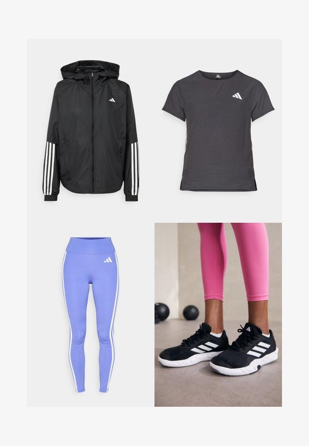 Chaqueta ligera negra con capucha, que cuenta con un cierre frontal de cremallera completa, puños elásticos y acentos blancos de tres rayas en las mangas.; Camiseta atlética de manga corta, gris oscuro con textura perforada. Presenta un logo blanco y rayas laterales en contraste. Escote redondeado.; Leggings morados de tela elástica, con franjas laterales blancas y un logo de Adidas en el muslo superior. Diseño de cintura alta.; Zapatillas deportivas negras con rayas blancas, parte superior de malla texturizada y suela blanca. Combinadas con leggings rosa, exhibiendo ropa de entrenamiento.