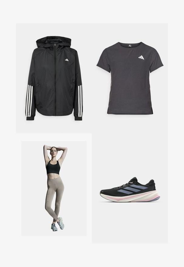 Jachetă ușoară neagră cu glugă, cu fermoar pe întreaga lungime, manșete elastice și accente albe cu trei dungi pe mâneci.; Tricou athletic cu mânecă scurtă, gri închis, cu textură perforată. Prezentă un logo alb și dungi contrastante pe laterale. Guler rotunjit.; Sutien sport negru și colanți bej cu talie înaltă, cu cusături laterale și accente. Modelul poartă adidași gri deschis cu o talpă amortizantă.; Adidași negri pentru alergare cu un superior din plasă, accente violet deschis și trei dungi orizontale gri. Prezintă o talpă căptușită pentru confort.