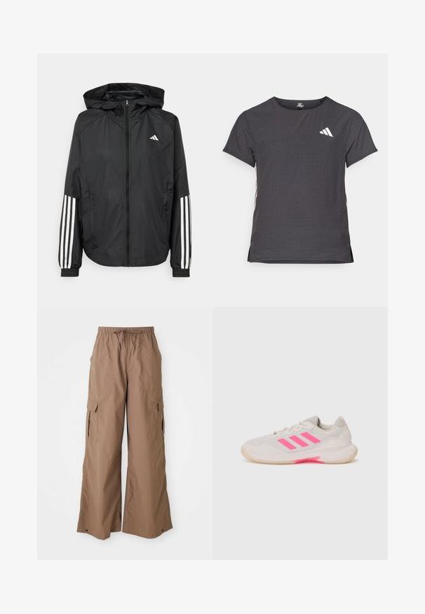 Svart lätt jacka med huva, som har full dragkedja framtill, elastiska ärmslut och vita tre-stripes accenter på ärmarna.; Kortärmad atletisk t-shirt, mörkgrå med perforerad textur. Har en vit logotyp och kontrasterande sidostripes. Rundad halsringning.; Bruna löst sittande cargobyxor med dragsko i midjan och sidofickor med klaff, i en vid ben-design, visade mot en vit bakgrund.; Ljusgrå idrottssko med rosa detaljer och tre ränder. Har en ovandel av mesh, vadderad tunga och gummisula med grepp.