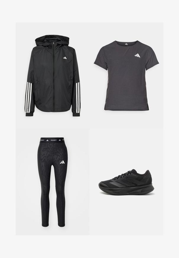 Czarna, lekka kurtka z kapturem, z pełnym zapięciem na zamek, elastycznymi mankietami i białymi, trzema paskami na rękawach.; Koszulka sportowa z krótkim rękawem, ciemnoszara z perforowaną teksturą. Posiada białe logo oraz kontrastowe paski po bokach. Okrągły dekolt.; Czarne legginsy z teksturowanym wzorem, z białym logo Adidas i pasem TECHFIT. Wykonane z elastycznego materiału dla komfortu.; Czarna sportowa buty do biegania z oddychającą siateczką, zaokrąglonym noskiem, eleganckim designem, teksturowanymi akcentami oraz amortyzowaną podeszwą dla wygody.