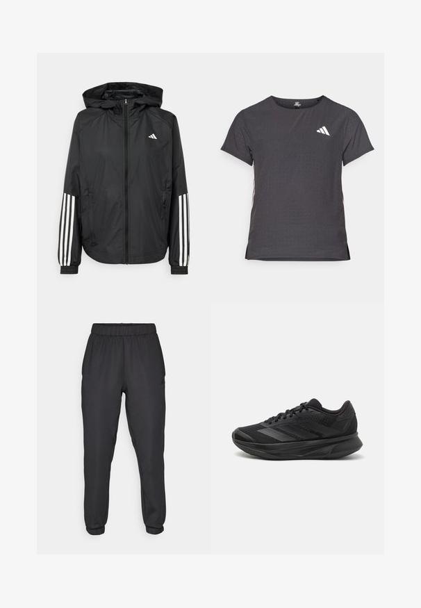 Black lightweight jacket with a hood, featuring a full zip front, elastic cuffs, and white three-stripe accents on sleeves.; Short-sleeve athletic t-shirt, dark gray with perforated texture. Features a white logo and contrasting side stripes. Rounded neckline.; Black athletic joggers with elastic waistband and cuffs. Smooth texture, featuring a logo on the side and tapered fit.; Black running shoe with a breathable mesh upper, rounded toe, sleek design, textured accents, and a cushioned sole for comfort.