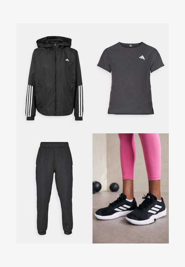 Schwarze, leichte Jacke mit Kapuze, die einen durchgehenden Reißverschluss, elastische Bündchen und weiße dreistreifige Akzente an den Ärmeln aufweist.; Kurze Ärmel Sport-T-Shirt, dunkelgrau mit durchbrochener Textur. Enthält ein weißes Logo und kontrastierende Seitenstreifen. Runder Ausschnitt.; Schwarze sportliche Jogginghosen mit elastischem Bund und Bündchen. Glatte Textur, mit einem Logo an der Seite und schmaler Passform.; Schwarze Sportschuhe mit weißen Streifen, strukturiertem Mesh-Obermaterial und einer weißen Sohle. Kombiniert mit pinken Leggings, die Trainingsbekleidung zur Schau stellen.