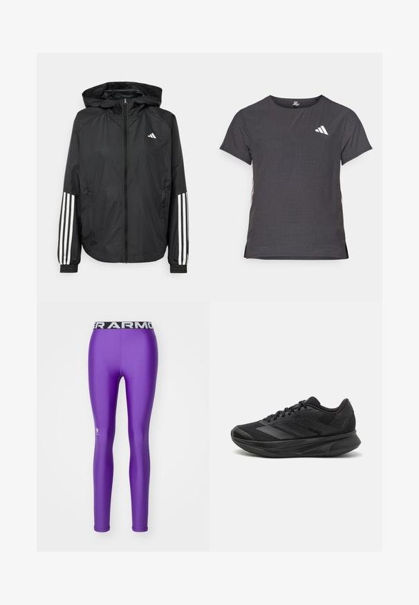 Zwarte lichtgewicht jas met een capuchon, met een volledige ritssluiting aan de voorkant, elastische manchetten en witte accenten met drie strepen op de mouwen.; Korte mouwen sport t-shirt, donkergrijs met geperforeerde textuur. Bevat een wit logo en contrasterende zijstrepen. Ronde halslijn.; Under Armour HEATGEAR - Tights - lavish/white; Zwarte hardloopschoen met een ademende mesh bovenkant, ronde neus, slank ontwerp, textuuraccenten en een gevoerde zool voor comfort.