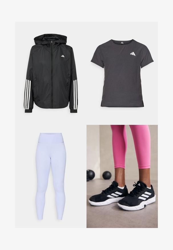 Giacca leggera nera con cappuccio, caratterizzata da una zip frontale completa, polsini elastici e accenti bianchi a tre strisce sulle maniche.; T-shirt atletico a maniche corte, grigio scuro con texture perforata. Presenta un logo bianco e strisce laterali a contrasto. Girocollo.; Leggings viola chiaro con vita alta. Realizzati in materiale elasticizzato, presentano una texture liscia e un design aderente.; Scarpe da ginnastica nere con strisce bianche, parte superiore in mesh testurizzato e suola bianca. Indossate con leggings rosa, a mostrare abbigliamento per l'allenamento.