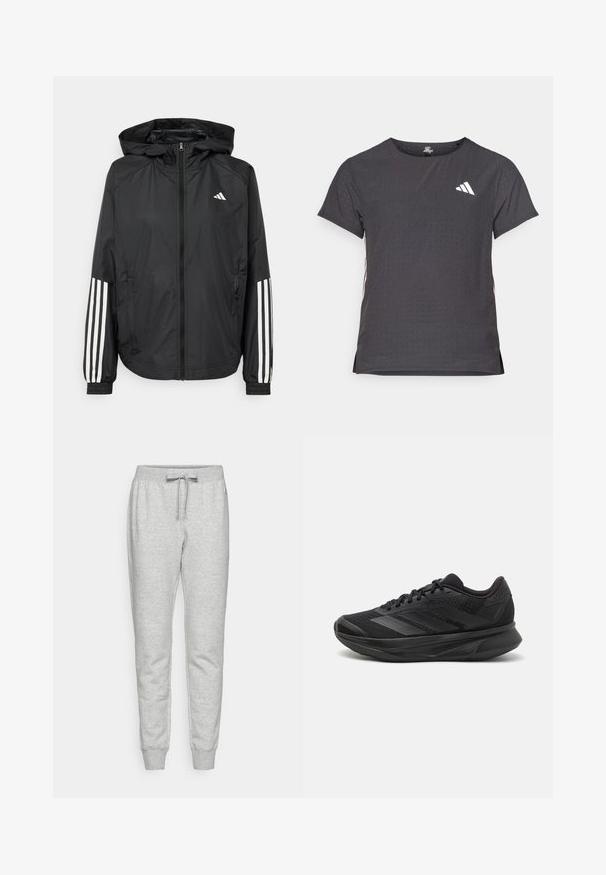 Black lightweight jacket with a hood, featuring a full zip front, elastic cuffs, and white three-stripe accents on sleeves.; Short-sleeve athletic t-shirt, dark gray with perforated texture. Features a white logo and contrasting side stripes. Rounded neckline.; Grey sweatpants made of soft cotton blend, featuring an elastic waistband with drawstring, tapered legs, and ribbed cuffs at the ankles.; Black running shoe with a breathable mesh upper, rounded toe, sleek design, textured accents, and a cushioned sole for comfort.
