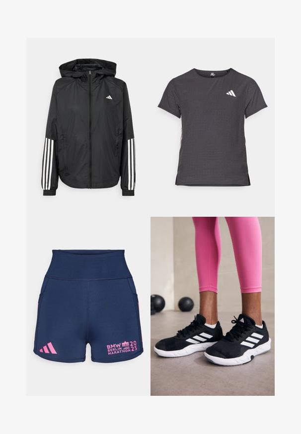 Schwarze, leichte Jacke mit Kapuze, die einen durchgehenden Reißverschluss, elastische Bündchen und weiße dreistreifige Akzente an den Ärmeln aufweist.; Kurze Ärmel Sport-T-Shirt, dunkelgrau mit durchbrochener Textur. Enthält ein weißes Logo und kontrastierende Seitenstreifen. Runder Ausschnitt.; adidas Performance BER25 SHORT THIGHTS - Kurze Lauftights - collegiate navy; Schwarze Sportschuhe mit weißen Streifen, strukturiertem Mesh-Obermaterial und einer weißen Sohle. Kombiniert mit pinken Leggings, die Trainingsbekleidung zur Schau stellen.