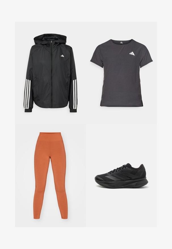 Casaco leve preto com capuz, apresentando um fecho de correr na frente, punhos elásticos e detalhes em branco com três riscas nas mangas.; T-shirt atlético de mangas curtas, cinza escuro com textura perfurada. Apresenta um logo branco e riscas laterais contrastantes. Decote arredondado.; Leggings laranja de cintura alta feitos de um tecido macio e elástico. Textura suave com uma silhueta ajustada, construção sem costuras e design até ao tornozelo.; Sapatilha de corrida preta com parte superior em malha respirável, bico arredondado, design elegante, detalhes texturizados e sola acolchoada para conforto.