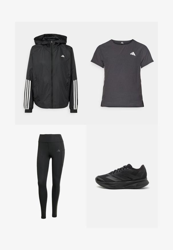 Sort letvægtsjakke med hætte, der har fuld lynlås fortil, elastiske manchetter og hvide tre-stribede detaljer på ærmerne.; Kortærmet atletisk t-shirt, mørkegrå med perforeret tekstur. Har et hvidt logo og kontrastfarvede sidelister. Rundet halsudskæring.; Sorte atletiske leggings lavet af strækbare materialer, med høj talje, tonale syninger og et lille logo på den øverste venstre ben.; Sort løbesko med en åndbar mesh-overdel, afrundet tå, strømlinet design, teksturerede detaljer og en polstret sål for komfort.
