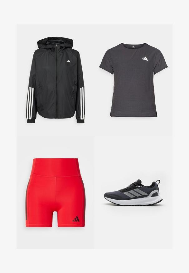 Svart lett jakke med hette, med full glidelås foran, elastiske mansjetter og hvite tre-stripes detaljer på ermene.; Kortermet treningstrøye, mørkegrå med perforert tekstur. Har en hvit logo og kontrasterende side-striper. Rund halslinje.; Røde treningsshorts med høy midje, laget av elastisk materiale, med svarte side-striper og et preget logo i nederste hjørne.; Svart atletisk sko med nettingoverdel, hvit mellomsåle, strukturert gummisåle og tre grå striper på siden. Har lisser og en hempe.