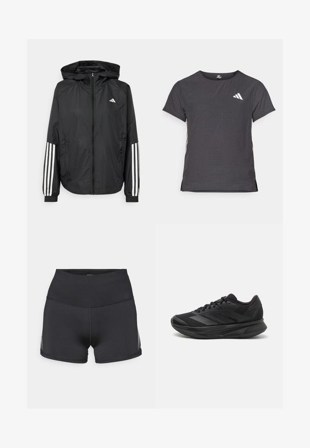 Černá lehká bunda s kapucí, která má plný zip vpředu, elastické manžety a bílé třípruhové akcenty na rukávech.; Kraťasový sportovní tričko, tmavě šedé barvy s perforovanou texturou. Obsahuje bílé logo a kontrastní boční pruhy. Kulatý výstřih.; Černé atletické šortky s vysokým pasem, vyrobené z pružné tkaniny. Mají bílé boční pruhy a ploché švy pro pohodlí.; Černé běžecké boty s prodyšným síťovaným svrškem, kulatou špičkou, elegantním designem, texturovanými detaily a polstrovanou podrážkou pro pohodlí.