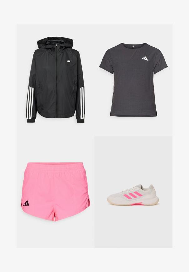 Juodas lengvas džemperis su gobtuvu, turi pilną užtrauktuką priekyje, elastingas rankovių gumytes ir baltus tris juostų akcentus ant rankovių.; Trumpas rankovėmis sportinis marškinėlis, tamsiai pilkas, su perforuota tekstūra. Yra baltas logotipas ir kontrastingos šoninės juostos. Iškirptė suapvalinta.; Šviesiai rožiniai sportiniai šortai su juodu Adidas logotipu kairėje pusėje, turintys elastingą juosmenį ir šonines skeltukas, kad būtų užtikrintas lankstumas.; Šviesiai pilki sportiniai batai su rožiniais akcentais ir trimis juostelėmis. Yra tinklinis viršus, paminkštinta liežuvėlis ir guminis padas su sukibimu.