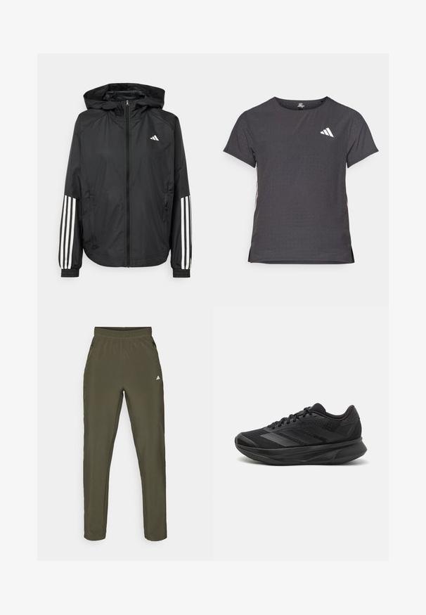 Schwarze, leichte Jacke mit Kapuze, die einen durchgehenden Reißverschluss, elastische Bündchen und weiße dreistreifige Akzente an den Ärmeln aufweist.; Kurze Ärmel Sport-T-Shirt, dunkelgrau mit durchbrochener Textur. Enthält ein weißes Logo und kontrastierende Seitenstreifen. Runder Ausschnitt.; Olivegrüne Sporthosen mit elastischem Bund, seitlichen Taschen und einem kleinen weißen Logo auf dem linken Oberschenkel; glatte Textur.; Schwarzer Laufschuh mit einem atmungsaktiven Mesh-Obermaterial, runder Zehenpartie, schlankem Design, strukturierten Akzenten und einer gepolsterten Sohle für Komfort.