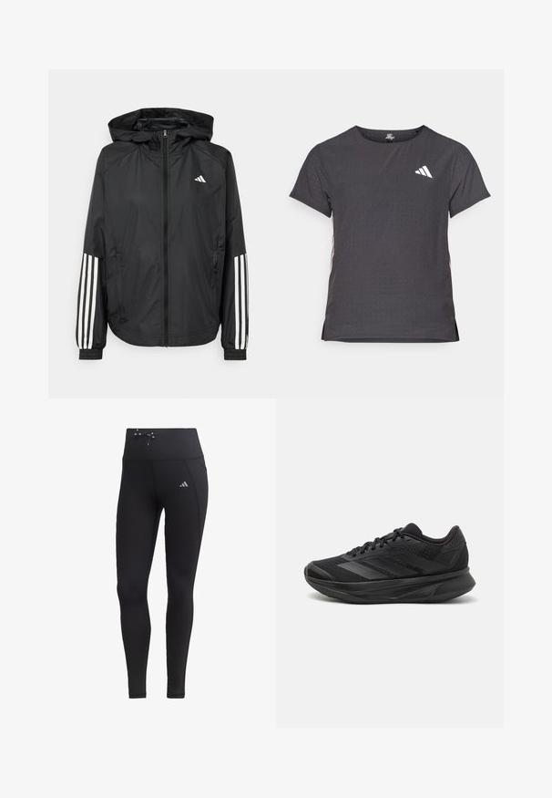 Sort letvægtsjakke med hætte, der har fuld lynlås fortil, elastiske manchetter og hvide tre-stribede detaljer på ærmerne.; Kortærmet atletisk t-shirt, mørkegrå med perforeret tekstur. Har et hvidt logo og kontrastfarvede sidelister. Rundet halsudskæring.; Sorte leggings med høj talje, snøre-detalje og sidelommer. Fremstillet af glat materiale med reflekterende logo-accent.; Sort løbesko med en åndbar mesh-overdel, afrundet tå, strømlinet design, teksturerede detaljer og en polstret sål for komfort.