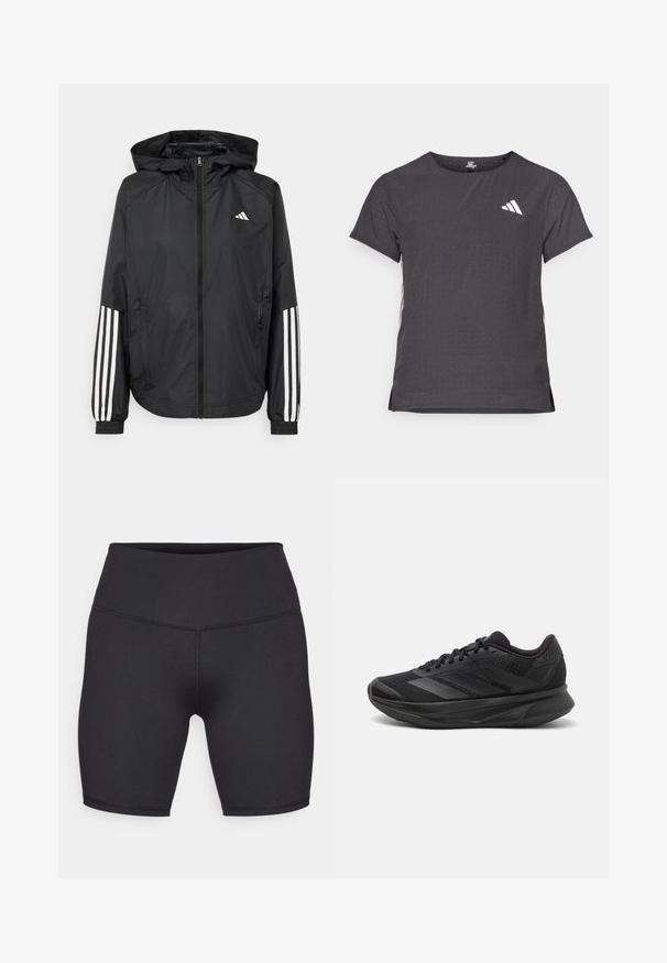 Černá lehká bunda s kapucí, která má plný zip vpředu, elastické manžety a bílé třípruhové akcenty na rukávech.; Kraťasový sportovní tričko, tmavě šedé barvy s perforovanou texturou. Obsahuje bílé logo a kontrastní boční pruhy. Kulatý výstřih.; Champion PERFORMANCE SOFT TOUCH BIKE SHORTS - Punčochy - black; Černé běžecké boty s prodyšným síťovaným svrškem, kulatou špičkou, elegantním designem, texturovanými detaily a polstrovanou podrážkou pro pohodlí.