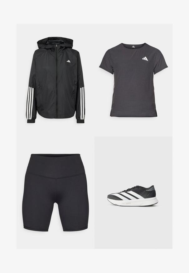 Zwarte lichtgewicht jas met een capuchon, met een volledige ritssluiting aan de voorkant, elastische manchetten en witte accenten met drie strepen op de mouwen.; Korte mouwen sport t-shirt, donkergrijs met geperforeerde textuur. Bevat een wit logo en contrasterende zijstrepen. Ronde halslijn.; Champion PERFORMANCE SOFT TOUCH BIKE SHORTS - Tights - black; Zwarte sport schoen met witte strepen, bovenwerk van mesh, gevoerde zool en een gestroomlijnd ontwerp. Accenten van grijs op de hak en tong.