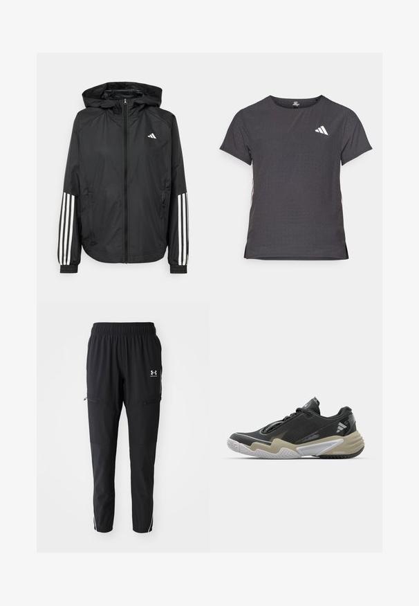 Casaco leve preto com capuz, apresentando um fecho de correr na frente, punhos elásticos e detalhes em branco com três riscas nas mangas.; T-shirt atlético de mangas curtas, cinza escuro com textura perfurada. Apresenta um logo branco e riscas laterais contrastantes. Decote arredondado.; Calças atléticas pretas com cintura elástica, bolsos laterais com fechos de correr e riscas brancas em contraste ao longo dos lados. Material leve.; Sapatilha desportiva preta e bege com parte superior texturizada, design de sola proeminente, acabamentos refletivos e sistema de atacadores. Construção leve.