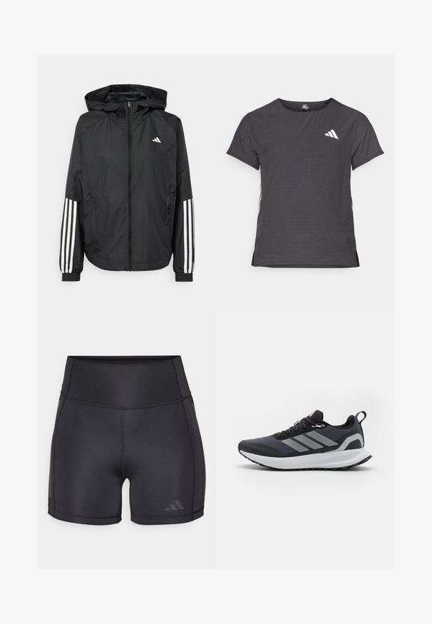Giacca leggera nera con cappuccio, caratterizzata da una zip frontale completa, polsini elastici e accenti bianchi a tre strisce sulle maniche.; T-shirt atletico a maniche corte, grigio scuro con texture perforata. Presenta un logo bianco e strisce laterali a contrasto. Girocollo.; Pantaloni sportivi neri con una vita alta, texture liscia, cuciture piatte e un sottile dettaglio del logo sul lato inferiore.; Scarpa sportiva nera con parte superiore in rete, suola intermedia bianca, suola in gomma testurizzata e tre strisce grigie sui lati. Dotata di lacci e una linguetta per la calzata.