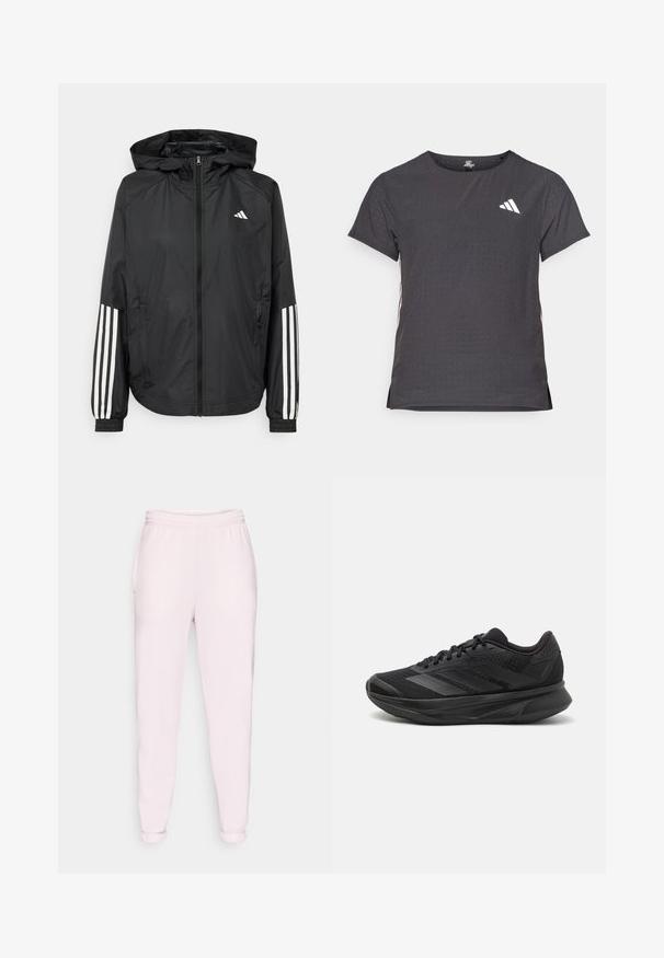 Sort letvægtsjakke med hætte, der har fuld lynlås fortil, elastiske manchetter og hvide tre-stribede detaljer på ærmerne.; Kortærmet atletisk t-shirt, mørkegrå med perforeret tekstur. Har et hvidt logo og kontrastfarvede sidelister. Rundet halsudskæring.; Lyserøde sweatpants med snor i taljen, sidelommer og elastiske manchetter. Fremstillet af blød, strækbar stof.; Sort løbesko med en åndbar mesh-overdel, afrundet tå, strømlinet design, teksturerede detaljer og en polstret sål for komfort.
