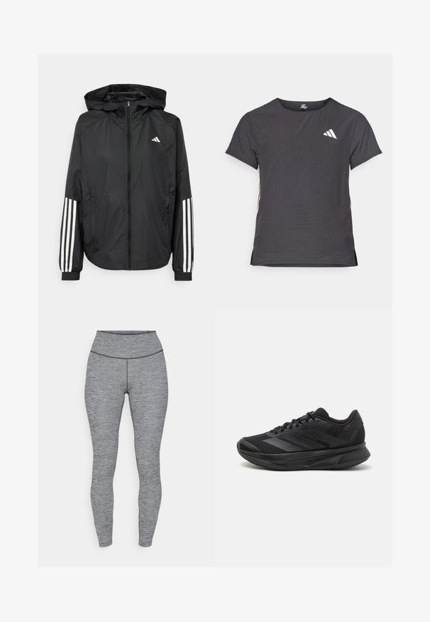 Giacca leggera nera con cappuccio, caratterizzata da una zip frontale completa, polsini elastici e accenti bianchi a tre strisce sulle maniche.; T-shirt atletico a maniche corte, grigio scuro con texture perforata. Presenta un logo bianco e strisce laterali a contrasto. Girocollo.; Leggings grigi alta vita in tessuto testurizzato. Progettati per una forma aderente, presentano una cintura senza cuciture e senza hardware visibile.; Scarpa da corsa nera con tomaia in rete traspirante, punta rotonda, design elegante, dettagli testurizzati e suola ammortizzata per il comfort.