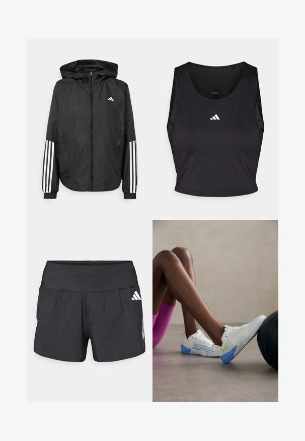 Černá lehká bunda s kapucí, která má plný zip vpředu, elastické manžety a bílé třípruhové akcenty na rukávech.; Černý sportovní crop top vyrobený z látky odvádějící vlhkost, s kulatým výstřihem, bez rukávů a bílým logem na hrudi.; Černé sportovní šortky s širokým elastickým pasem, lehkou tkaninou a bílými logy na dolní straně.; Bílé sportovní boty mají síťovaný design s zelenými akcenty a modrou podešví, která zvýrazňuje texturovaný vzor na boku.