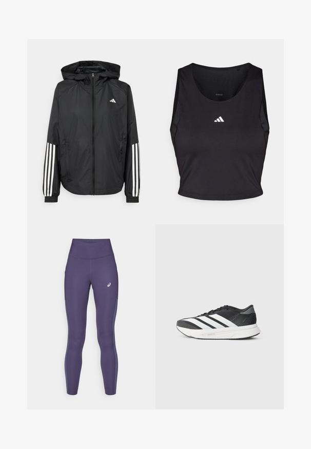 Giacca leggera nera con cappuccio, caratterizzata da una zip frontale completa, polsini elastici e accenti bianchi a tre strisce sulle maniche.; Crop top sportivo nero realizzato in tessuto traspirante, con collo rotondo, senza maniche e logo bianco sul petto.; ASICS CORE - Leggings da corsa lunghi - indigo fog; Scarpa da atletica nera con strisce bianche, tomaia in rete, suola ammortizzata e design elegante. Accenti grigi sul tallone e sulla linguetta.