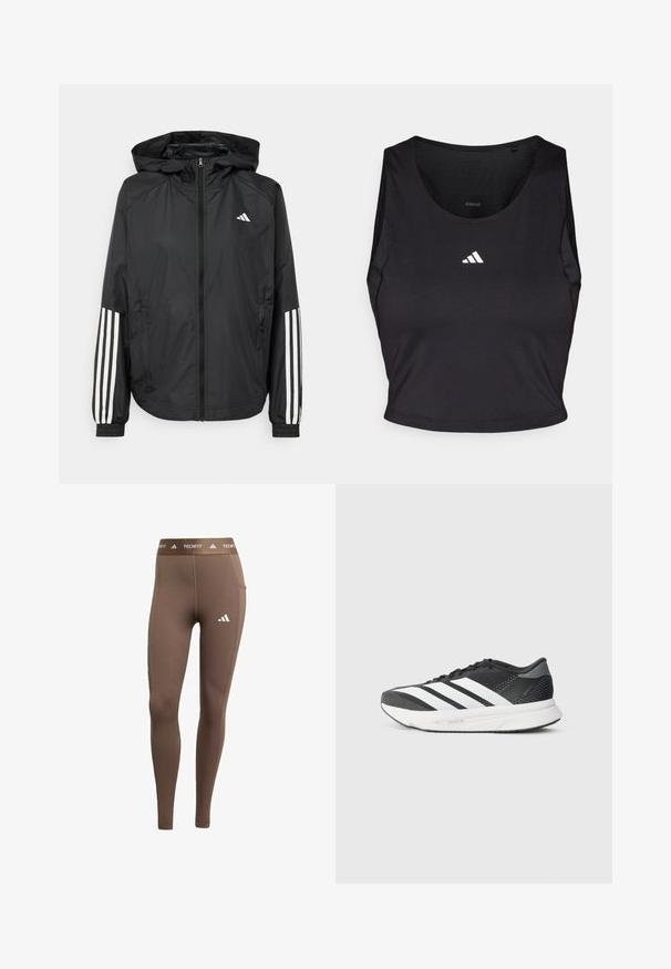 Svart lett jakke med hette, med full glidelås foran, elastiske mansjetter og hvite tre-stripes detaljer på ermene.; Svart sports crop top laget av fukttransporterende stoff, med rund hals, ermeløs design og hvit logo på brystet.; Brune treningsleggings laget av elastisk materiale. Har en hvit logo på venstre ben og en merket midjebånd. Glatt tekstur og slank passform.; Svart treningssko med hvite striper, mesh-overdel, polstret såle og et elegant design. Grå detaljer på hælen og tungen.