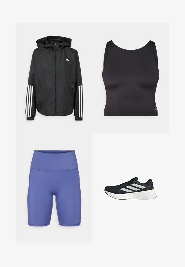 Giacca leggera nera con cappuccio, caratterizzata da una zip frontale completa, polsini elastici e accenti bianchi a tre strisce sulle maniche.; Top sportivo nero a maniche corte realizzato in tessuto liscio ed elastico, con scollatura rotonda. Presenta un discreto dettaglio del logo.; Shorts da bicicletta a vita alta in tessuto lavanda solido. Texture liscia con dettagli di cucitura e un design aderente per comfort e mobilità.; Scarpa sportiva nera con tomaia testurizzata, caratterizzata da tre strisce bianche sui lati e un suola intermedia bianca. Design leggero, forma aerodinamica.