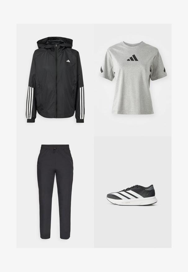 Juodas lengvas džemperis su gobtuvu, turi pilną užtrauktuką priekyje, elastingas rankovių gumytes ir baltus tris juostų akcentus ant rankovių.; Pilkas apvalaus kaklo marškinėliai, pagaminti iš minkštos medžiagos, su juodu Adidas logotipu ant krūtinės ir juodomis detalėmis ant rankovių.; Champion C-TECH WIDE LEG PANTS - Kelnės - black; Juodas sportinis batelis su baltais dryžiais, tinklelio viršus, paminkštintas padas ir šiuolaikiškas dizainas. Pilki akcentai kulne ir liežuvyje.