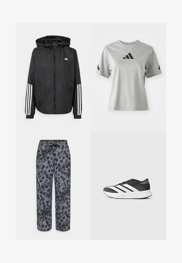 Melnā vieglā jaka ar kapuci, ar pilnu rāvējslēdzēju priekšā, elastīgām aprocēm un baltām trīs svītru akcentiem uz piedurknēm.; Pelēks blūze ar apaļu kaklu, izgatavota no mīkstas auduma, ar melnu Adidas logotipu uz krūts un melniem akcentiem uz piedurknēm.; Pelēkās leopardu raksta sporta bikses ar savelkamu jostasvītru, platām kājām un mīkstu auduma tekstūru.; Melnas sporta kurpes ar baltām strīpām, sieta augšdaļa, mīksta zole un elegants dizains. Pelēki akcenti uz papēža un mēles.