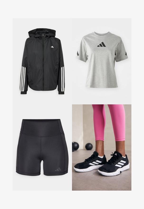 Črna lahka jakna s kapuco, z polnim zadrgo spredaj, elastikami na zapestjih in belimi tridelnimi poudarki na rokavih.; Siva majica s crew-neck izrezom, narejena iz mehkega blaga, z črnim Adidasovim logotipom na prsih in črnimi detajli na rokavih.; Črne atletske kratke hlače z visokim pasom, gladko teksturo, ravnimi šivi in subtilnim logotipom na spodnjem delu.; Črne športne čevlje z belimi črtami, teksturirano mrežasto zgornjišče in belo podplat. Obuti z roza legginsom, ki prikazujejo športno obleko.