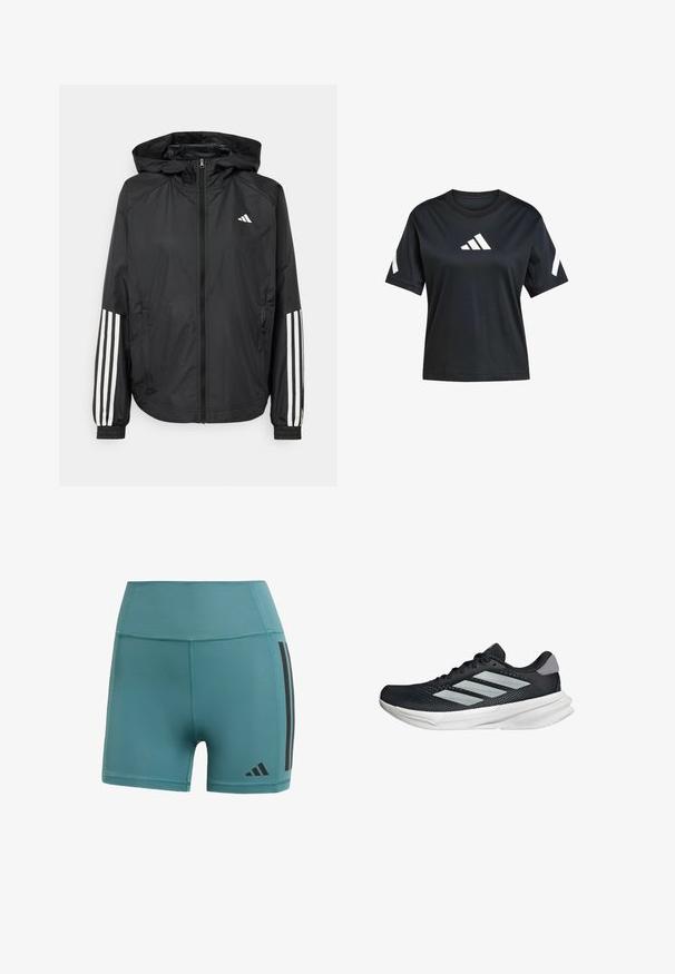 Svart lätt jacka med huva, som har full dragkedja framtill, elastiska ärmslut och vita tre-stripes accenter på ärmarna.; Svart t-shirt med korta ärmar i mjukt tyg som har en vit Adidas-logotyp på framsidan och vita detaljer på ärmarna.; Teal träningsshorts tillverkade av stretchigt material, med hög midja, svarta sidostråk och logotyp nära nederkanten.; Svart löparskor med meshtopp, tre silverränder, vit mellansula och strukturerad sula. Har vadderad krage och snörning.