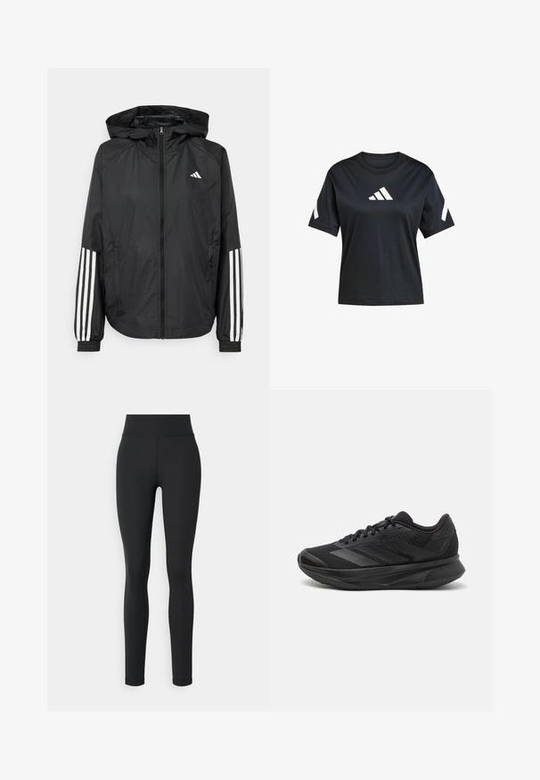 Svart lätt jacka med huva, som har full dragkedja framtill, elastiska ärmslut och vita tre-stripes accenter på ärmarna.; Svart t-shirt med korta ärmar i mjukt tyg som har en vit Adidas-logotyp på framsidan och vita detaljer på ärmarna.; Svarta leggings tillverkade av ett elastiskt material med hög midja, som har en slät yta utan synliga mönster eller detaljer.; Svart löparskor med ett andningsbart mesh-övre, rund tå, elegant design, texturerade accenter och en dämpad sula för komfort.