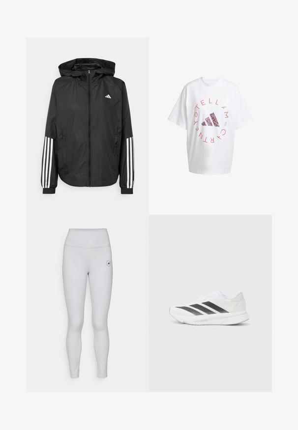 Black lightweight jacket with a hood, featuring a full zip front, elastic cuffs, and white three-stripe accents on sleeves.; Oversized white cotton t-shirt with red circular text and a multicolor Adidas logo in the center. Short sleeves and round neckline.; Light grey leggings with a high waistband, smooth texture, and a small black logo on the left thigh. Subtle stitching details throughout.; White athletic shoe with black diagonal stripes, mesh upper, rounded toe, and textured sole. Accents include a silver heel and minimalistic design.
