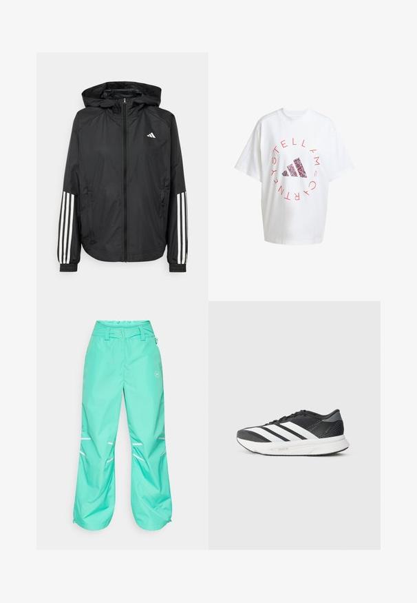 Musta kevyt takki hupparilla, jossa on täysipitkä vetoketju, elastiset hihansuut ja valkoiset kolmonauha-tyyliset yksityiskohdat hihoissa.; Yli suuri valkoinen puuvillat-paita, jossa on punainen pyöreä teksti ja monivärinen Adidas-logo keskellä. Lyhyet hihat ja pyöreä kaula-aukko.; Vedenkestävät turkoosit housut, rento istuvuus, säädettävä vyötärö, heijastavat raidat ja vetoketjulliset lahkeet lisäävät toimivuutta.; Musta urheilukenkä, jossa on valkoisia raitoja, verkkomateriaalia yläosassa, pehmustettu pohja ja tyylikäs muotoilu. Harmaat yksityiskohdat kantapäässä ja kielessä.