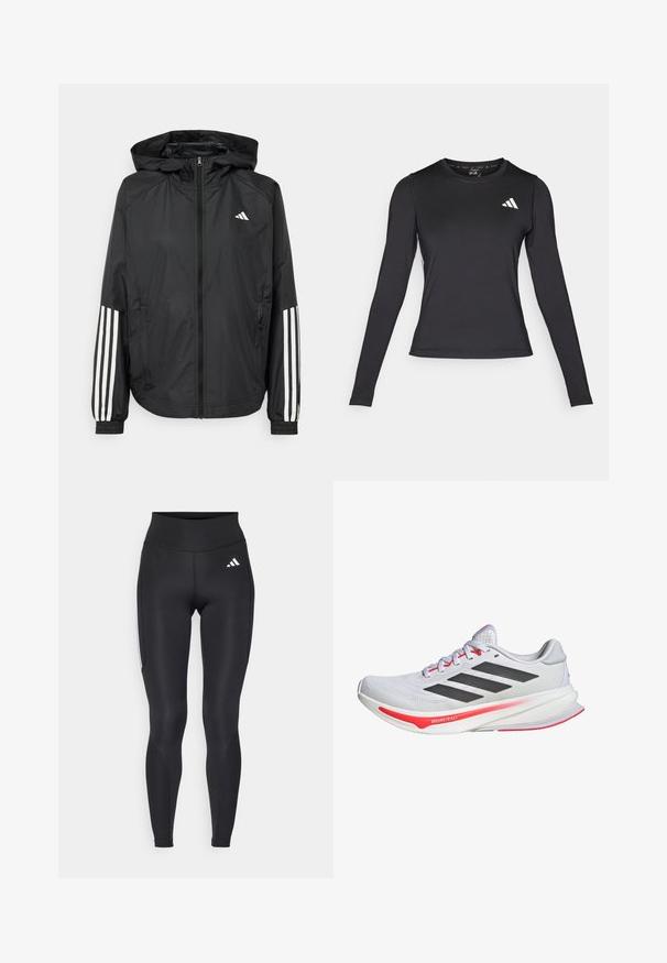 Fekete, könnyű dzseki kapucnival, teljes cipzárral, elasztikus mandzsettákkal és fehér, háromcsíkkal díszített ujjakon.; Fekete, hosszú ujjú sportpóló, sima, rugalmas anyagból készült. A mellkasán fehér logó található. Testhezálló kialakítás, kerek nyakkivágással.; Fekete, magas derekú leggings rugalmas anyagból. Fehér logóval a csípőn és texturált díszítéssel az oldalakon. Sima tapintás.; Fehér sportcipő fekete részletekkel és piros díszítésekkel. Mesh felsőrésszel, párnázott bokával és texturált talppal rendelkezik, amely biztosítja a tapadást.