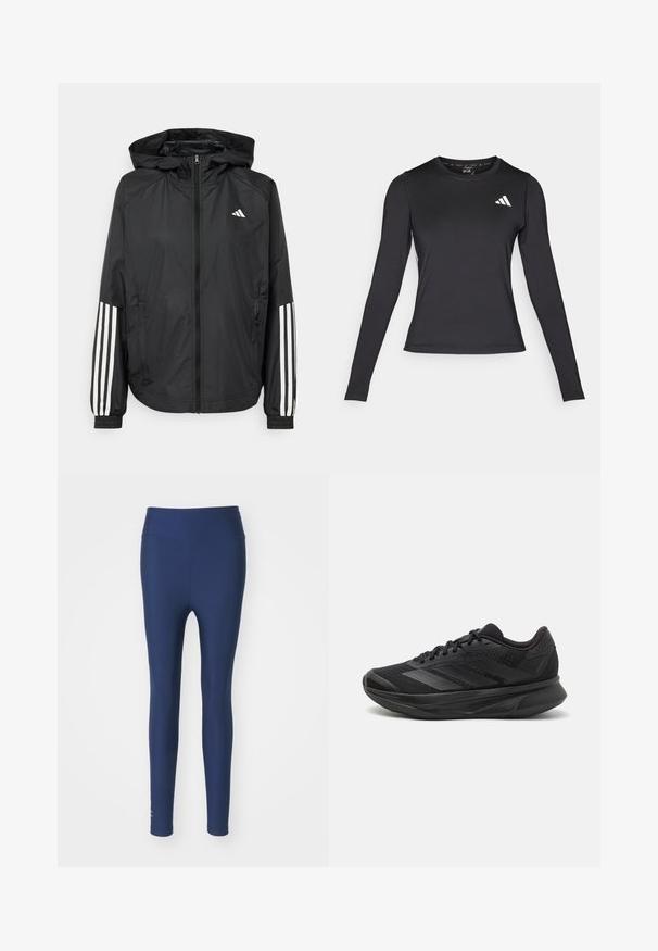 Casaco leve preto com capuz, apresentando um fecho de correr na frente, punhos elásticos e detalhes em branco com três riscas nas mangas.; Camisa de atletismo preta de mangas longas feita de um material suave e elástico. Apresenta um logótipo branco no peito. Design ajustado com decote redondo.; Leggings azul marinho feitos de tecido elástico com uma cintura alta e textura suave. Apresenta um pequeno detalhe de logótipo perto do tornozelo.; Sapatilha de corrida preta com parte superior em malha respirável, bico arredondado, design elegante, detalhes texturizados e sola acolchoada para conforto.