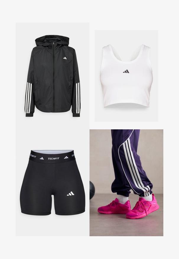 Čierna ľahká bunda s kapucňou, s celoprsným zipsom, elastickými manžetami a bielymi trojprúžkovými akcentmi na rukávoch.; Biele krátke tričko vyrobené z mäkkej látky, s okrúhlym výstrihom a čiernym logom Adidas na prednej strane. Hladká textúra, bezrukávový dizajn.; Čierne nohavice z elastického materiálu s priliehavým strihom. Majú široký čierny pás s nápisom "TECHFIT" a bielym logom na nohe.; Ružové atletické topánky z mäkkého materiálu s priedušnou sieťovinou a gumovou podrážkou, s textúrovanou podrážkou, šnúrkami a ľahkým dizajnom. V kombinácii s fialovými teplákovými nohavicami.