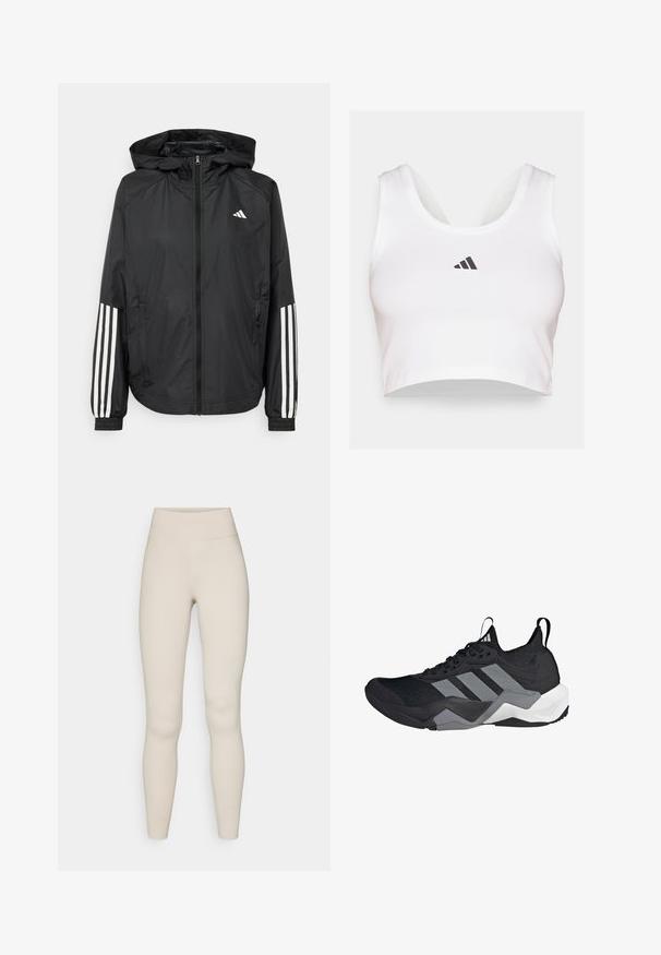 Veste légère noire avec capuche, dotée d'une fermeture à glissière intégrale, de poignets élastiques et d'accents blancs à trois rayures sur les manches.; Crop top blanc en tissu doux, avec un col rond et un logo Adidas noir à l'avant. Texture lisse, design sans manches.; Leggings actifs beiges avec une taille haute, une texture lisse et une coupe ajustée. Caractéristiques : coutures minimales et sans marque visible.; Chaussure de sport noire avec une tige en maille respirante, des accents gris, une semelle texturée et trois rayures distinctives sur le côté.