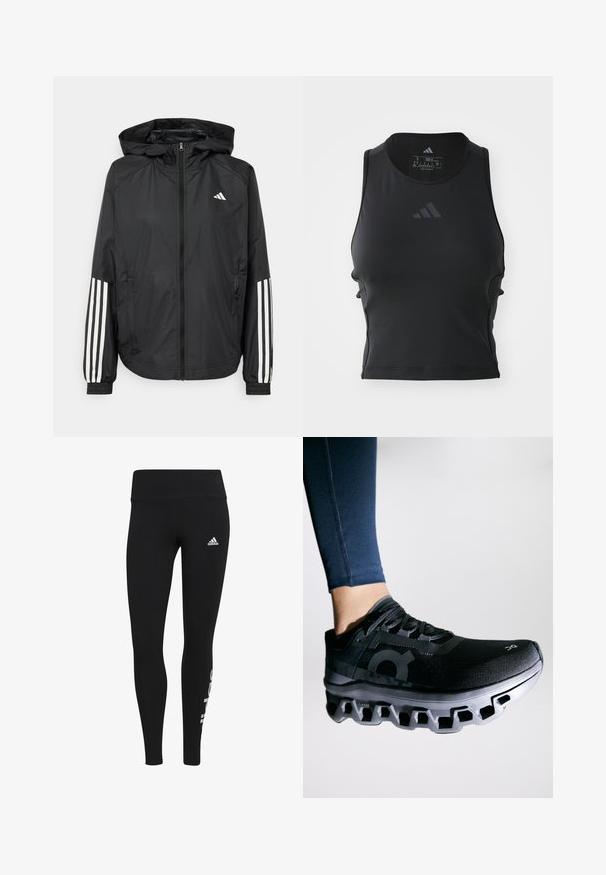 Czarna, lekka kurtka z kapturem, z pełnym zapięciem na zamek, elastycznymi mankietami i białymi, trzema paskami na rękawach.; Czarny krótki top fitness wykonany z gładkiego, elastycznego materiału; posiada okrągły dekolt i małe, odblaskowe logo z przodu.; Czarne legginsy sportowe z wysokim stanem, z białym logo Adidasa na górnej części nogawki oraz pionowym białym wzorem tekstowym na dolnej nogawce.; Czarny but biegowy z teksturowaną cholewką i charakterystyczną podeszwą środkową o unikalnym segmentowym wzorze. Z akcentem w postaci logo po boku.