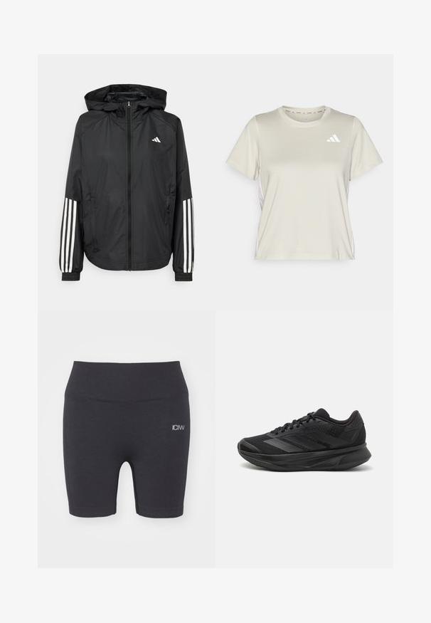 Black lightweight jacket with a hood, featuring a full zip front, elastic cuffs, and white three-stripe accents on sleeves.; adidas Performance TRAIN ESSENTIALS 3STRIPES WORKOUT - Sports T-shirt - alumina/white; ICANIWILL SOFT - Leggings - black; Black running shoe with a breathable mesh upper, rounded toe, sleek design, textured accents, and a cushioned sole for comfort.
